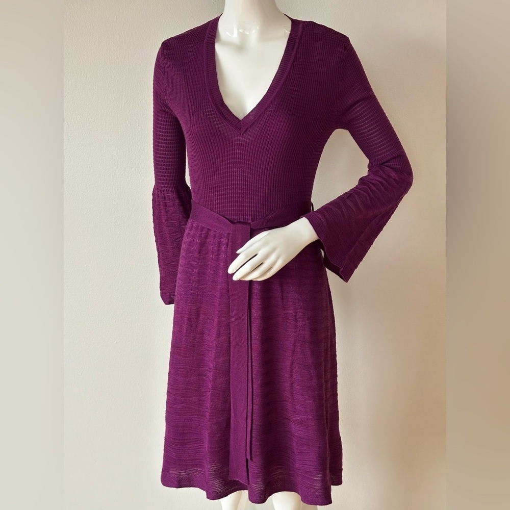 Missoni Purple Merino Wool Fit & Flare Belted V-Neck Dress (Size S M) - Picture 5 of 9